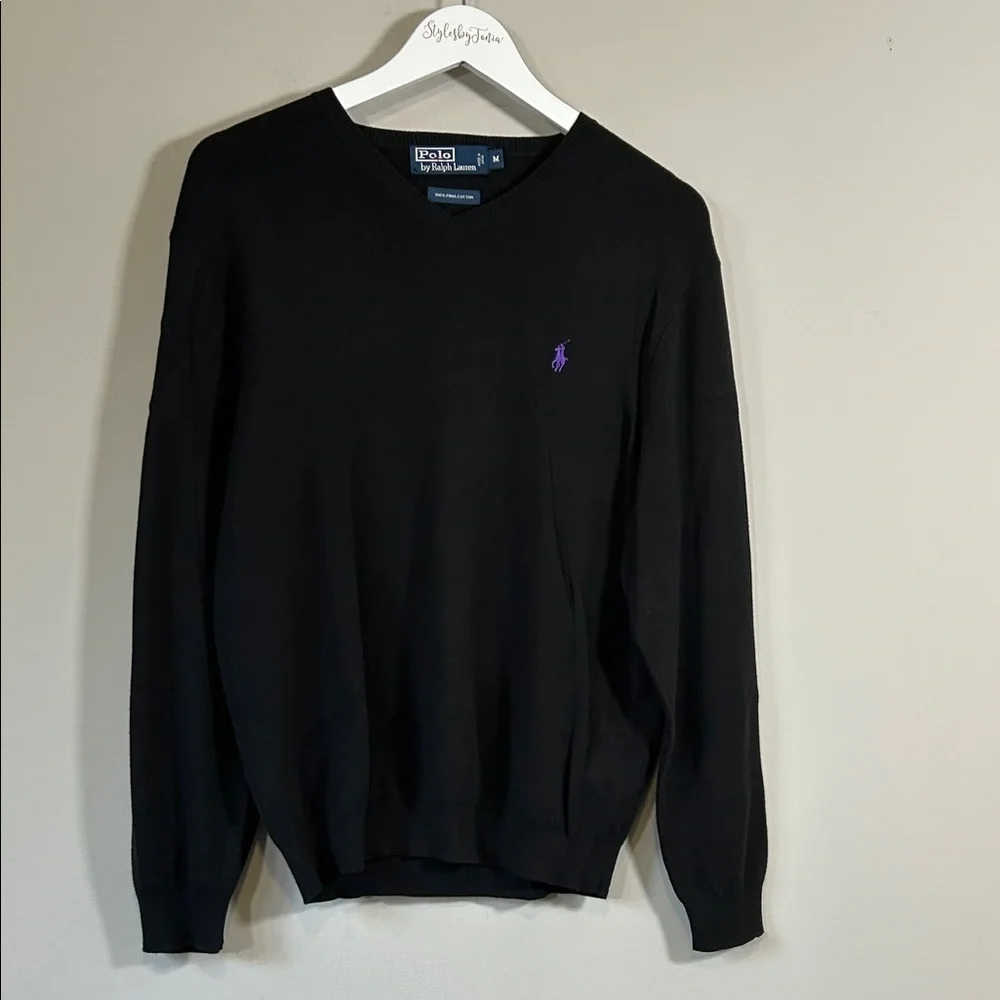 Polo Ralph Lauren Pima Cotton V Neck Sweater Mens Black Purple Pony Sz M